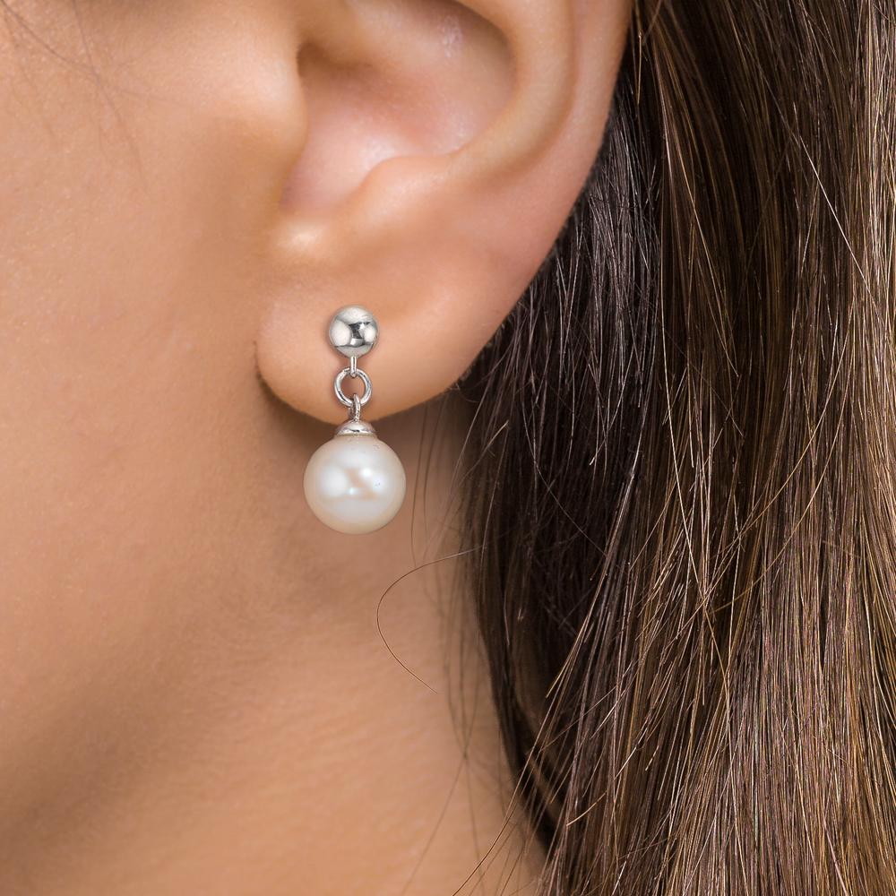 Drop Earrings Silver Rhodium plated Freshwater pearl, 2 Pearls, 6.5 mm