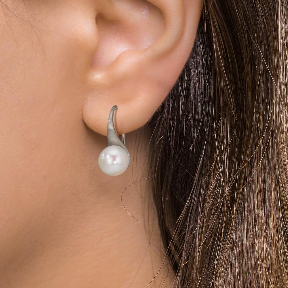 Drop Earrings Silver Rhodium plated Freshwater pearl, 2 Pearls, 8 mm