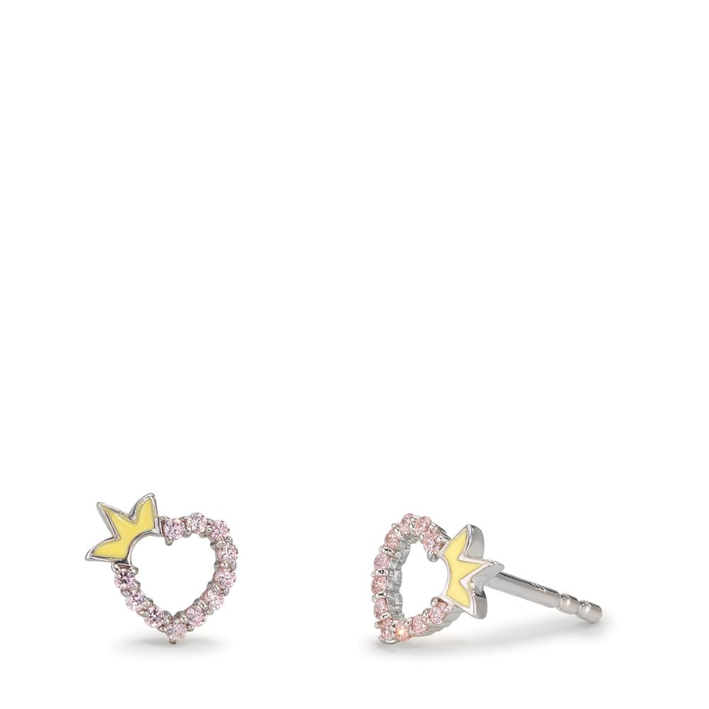 Stud earrings Silver Zirconia Rose Rhodium plated Heart Ø6.5 mm