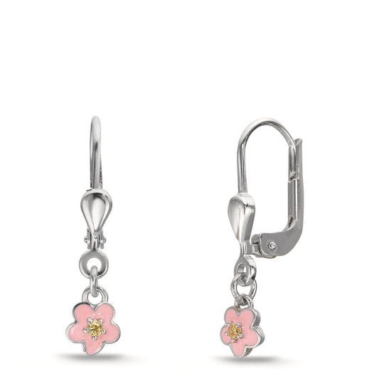 Drop Earrings Silver Zirconia Yellow, 2 Stones Rhodium plated Flower