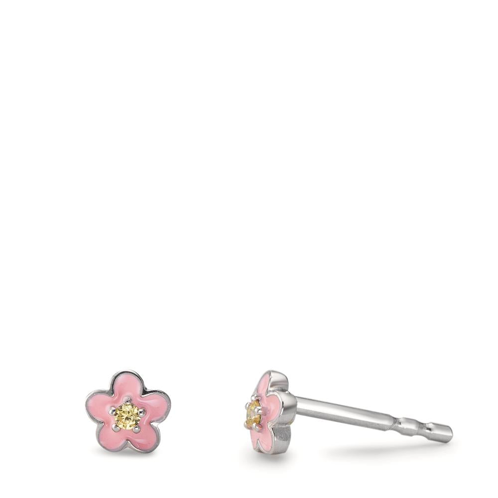 Stud earrings Silver Zirconia Yellow, 2 Stones Rhodium plated Flower Ø4.5 mm