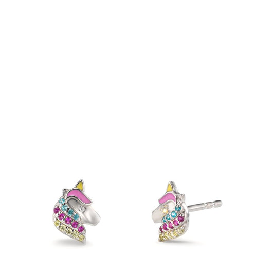 Stud earrings Silver Zirconia Colorful Rhodium plated Horse Ø7 mm