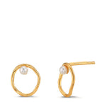 Stud earrings Silver Yellow Gold plated Freshwater pearl White, 2 Pearls, 3 mm Ø11 mm