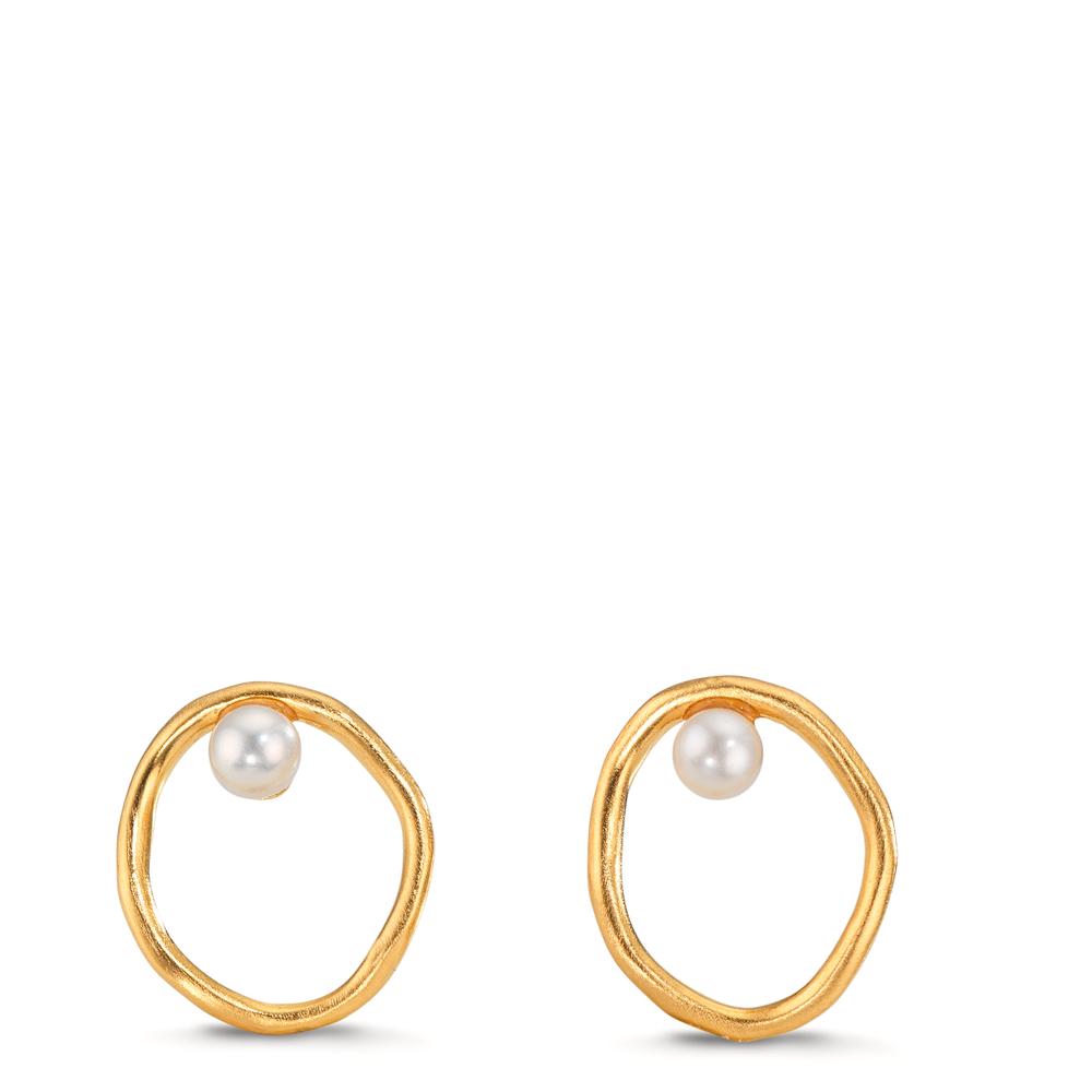 Stud earrings Silver Yellow Gold plated Freshwater pearl White, 2 Pearls, 3 mm Ø11 mm