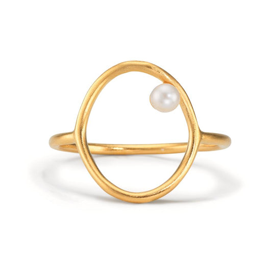 Ring Silver Yellow Gold plated Freshwater pearl White, 3 mm Ø14 mm