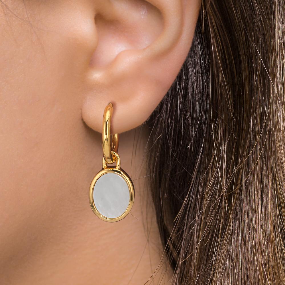 Hoop with pendant Silver Yellow Gold plated Mother of pearl White, 2 Pearls 9-9.5 mm Ø14 mm