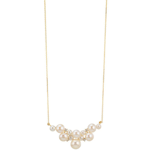 Necklace 18k Yellow Gold Diamond 0.08 ct, 4 Stones, w-si Freshwater pearl, 12 Pearls 3.5-6.5 mm 42-45 cm