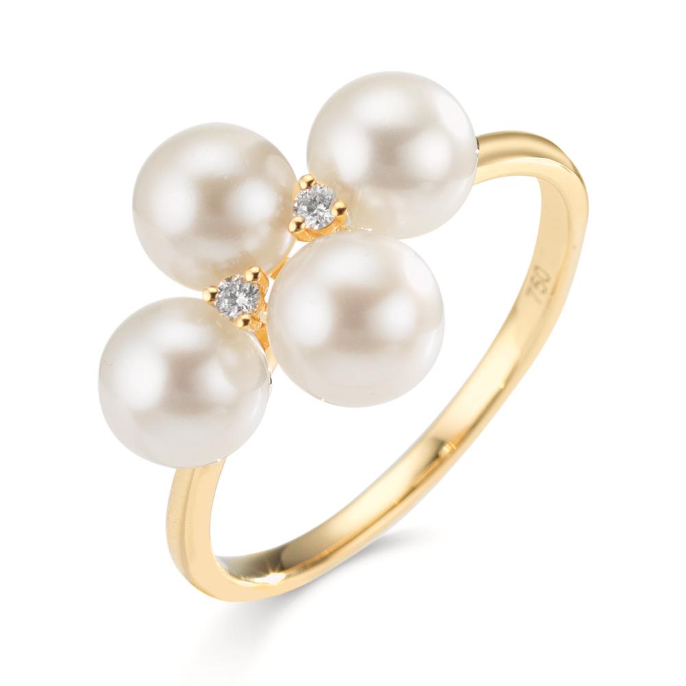 Ring 18k Yellow Gold Diamond 0.30 ct, 2 Stones, w-si Freshwater pearl, 4 Pearls 5.5-6 mm