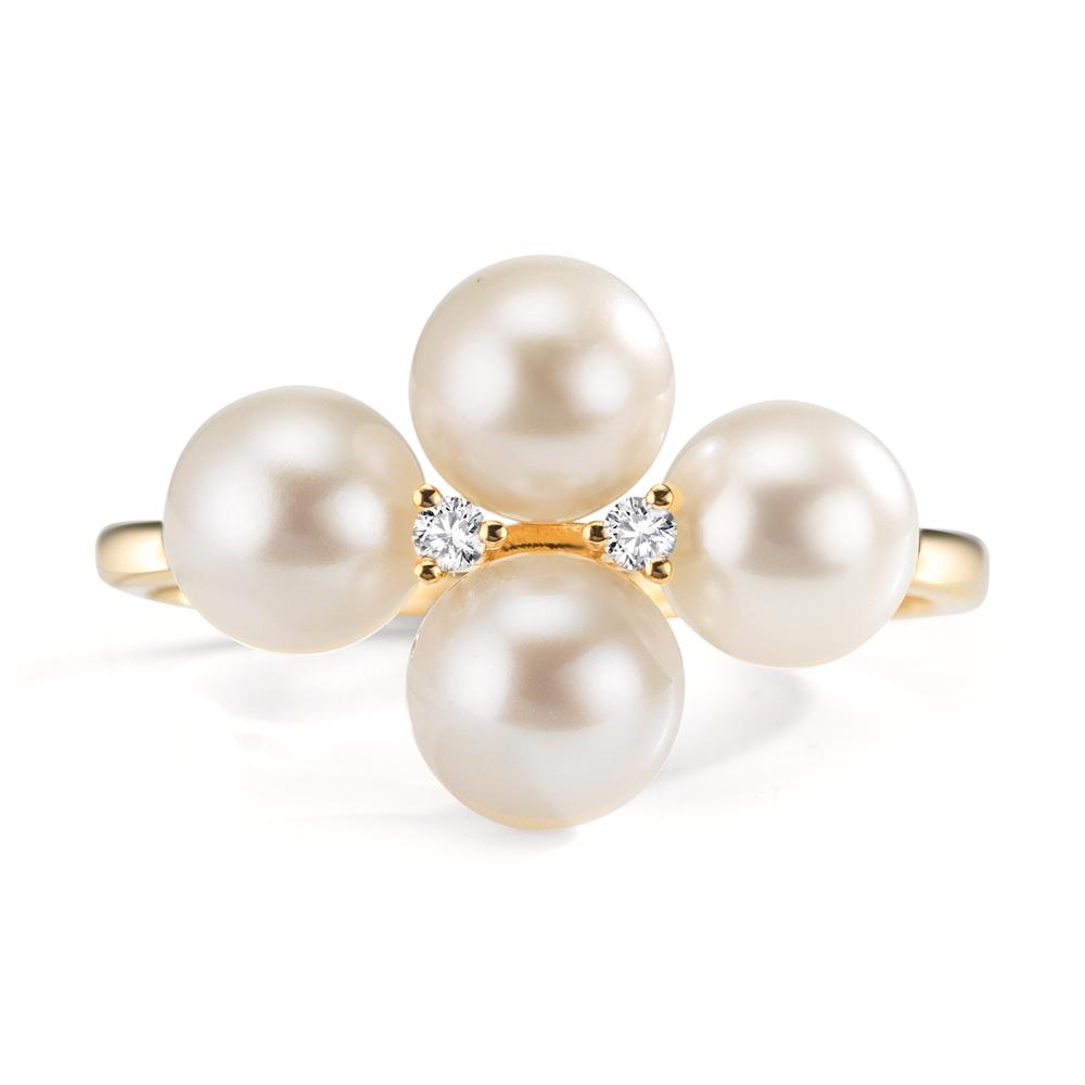 Ring 18k Yellow Gold Diamond 0.30 ct, 2 Stones, w-si Freshwater pearl, 4 Pearls 5.5-6 mm