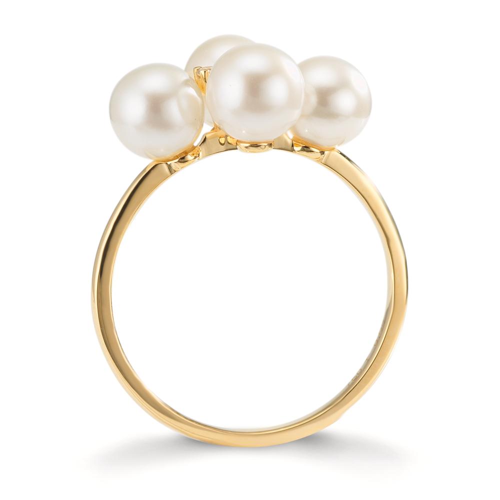 Ring 18k Yellow Gold Diamond 0.30 ct, 2 Stones, w-si Freshwater pearl, 4 Pearls 5.5-6 mm